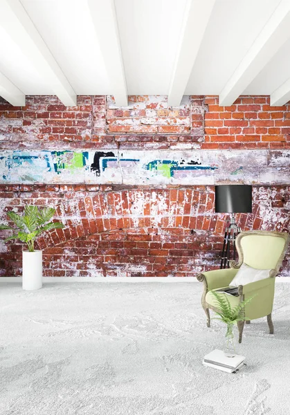 Çatı katı yatak odasında modern tarzı iç tasarım eklektik duvar ve şık kanepe. 3D render.