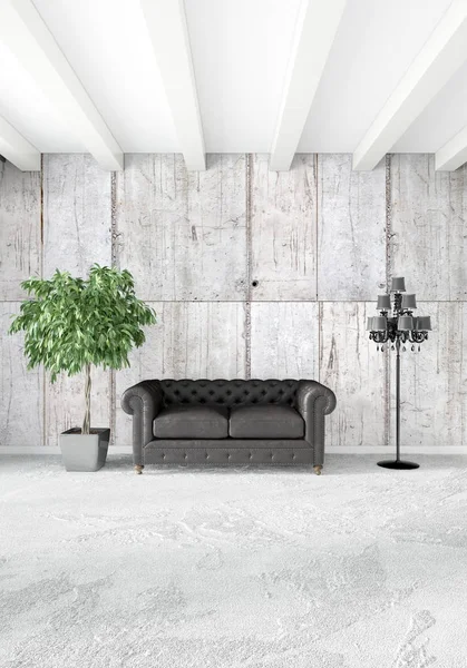 Çatı katı yatak odasında modern tarzı iç tasarım eklektik duvar ve şık kanepe. 3D render.