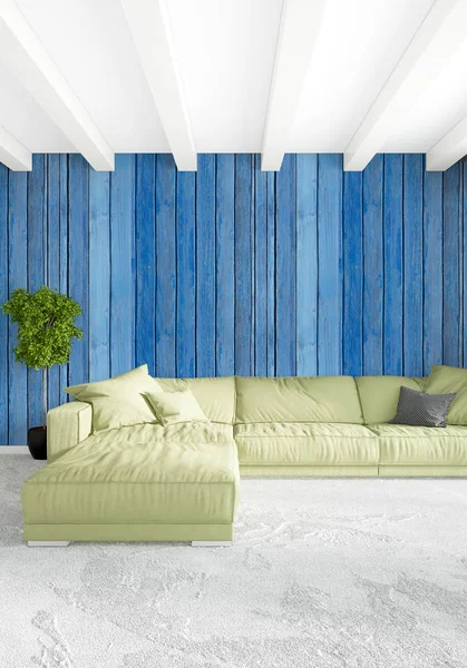 Çatı katı yatak odasında modern tarzı iç tasarım eklektik duvar ve şık kanepe. 3D render.