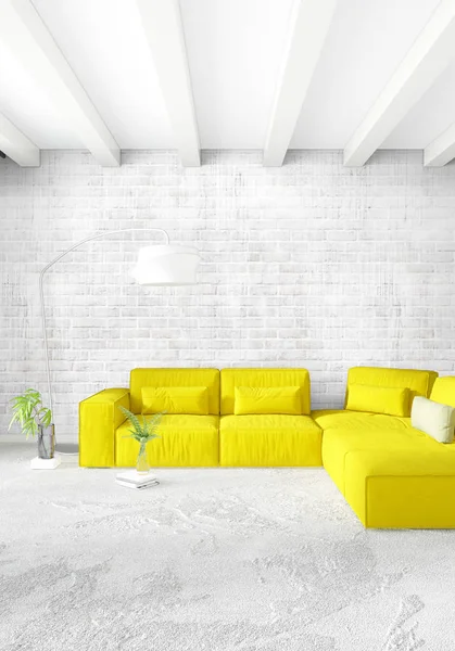 Gelbes Schlafzimmer oder Wohnzimmer in modernem Interieur mit ausladender Wand und stilvollem Mobiliar. 3D-Darstellung. — Stockfoto