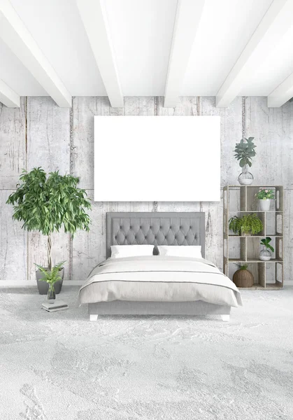 Loft bedroom in modern style interior design with eclectic wall and stylish sofa. 3D Rendering. — Stock Photo, Image