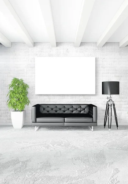 Çatı katı yatak odasında modern tarzı iç tasarım eklektik duvar ve şık kanepe. 3D render.