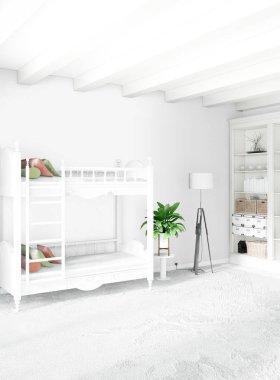 Çatı odasında modern tarzı iç tasarım eklektik duvar ve boşaltmak dikey kavramı. 3D render.