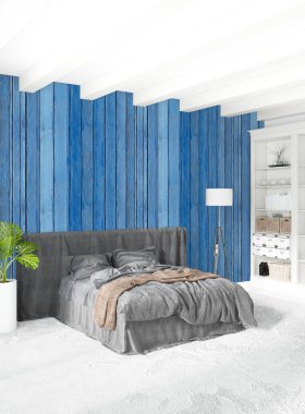 Çatı katı yatak odasında modern tarzı iç tasarım eklektik duvar ve şık kanepe. 3D render.