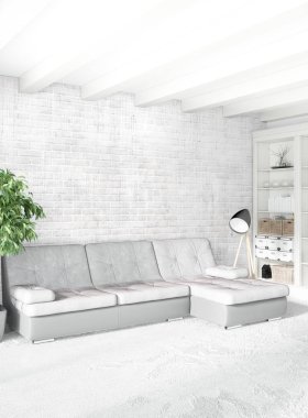 Çatı katı yatak odasında modern tarzı iç tasarım eklektik duvar ve şık kanepe. 3D render.