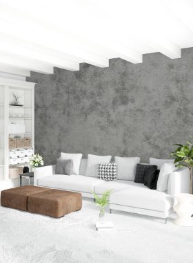 Çatı katı yatak odasında modern tarzı iç tasarım eklektik duvar ve şık kanepe. 3D render.