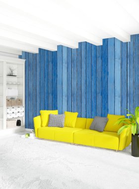 Sarı yatak odası veya oturma odası dekorasyon duvar ve şık mobilya yayan ile modern tarzda. 3D render.