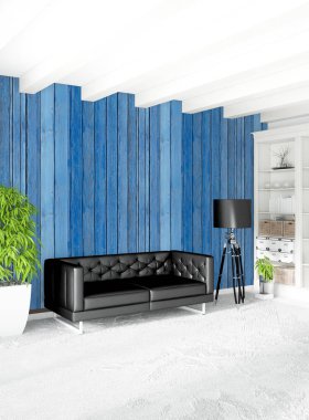 Çatı katı yatak odasında modern tarzı iç tasarım eklektik duvar ve şık kanepe. 3D render.