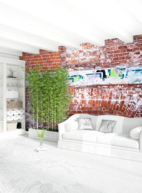 Çatı katı yatak odasında modern tarzı iç tasarım eklektik duvar ve şık kanepe. 3D render.