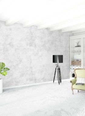 Beyaz boş yatak odası en az stil iç tasarım ahşap duvar ve boşaltmak. 3D render.