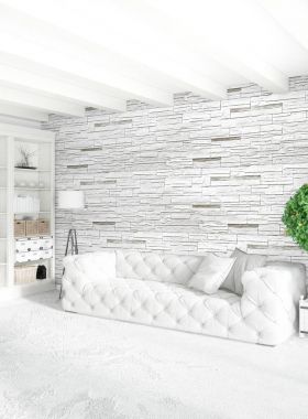 Çatı katı yatak odasında modern tarzı iç tasarım eklektik duvar ve şık kanepe. 3D render.