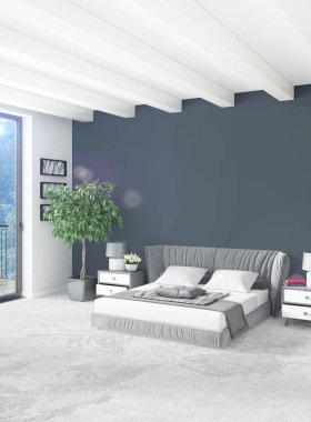 Çatı katı yatak odasında modern tarzı iç tasarım eklektik duvar ve şık kanepe. 3D render.