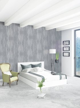 Çatı katı yatak odasında modern tarzı iç tasarım eklektik duvar ve şık kanepe. 3D render.