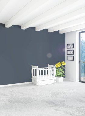 Çatı odasında modern tarzı iç tasarım eklektik duvar ve boşaltmak dikey kavramı. 3D render.