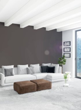 Çatı katı yatak odasında modern tarzı iç tasarım eklektik duvar ve şık kanepe. 3D render.