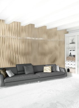 Çatı katı yatak odasında modern tarzı iç tasarım eklektik duvar ve şık kanepe. 3D render.