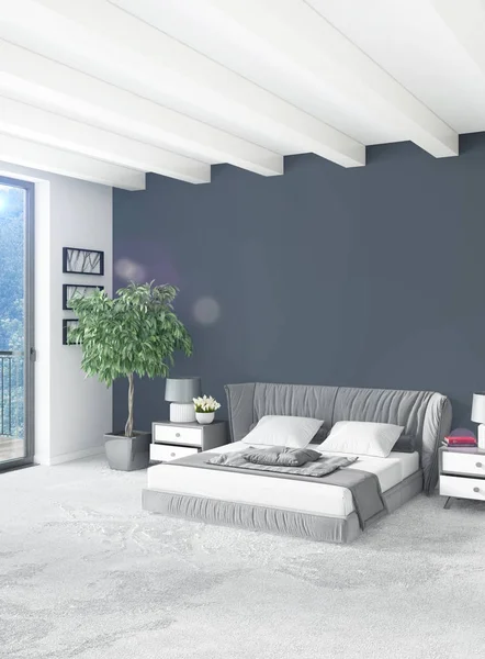 Loft slaapkamer in moderne stijl interieur met eclectische muur en stijlvolle sofa. 3D-rendering. — Stockfoto