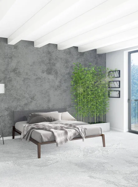 Tetőtéri hálószoba modern stílusú interior design eklektikus fal és stílusos kanapéval. 3D-leképezés. — Stock Fotó