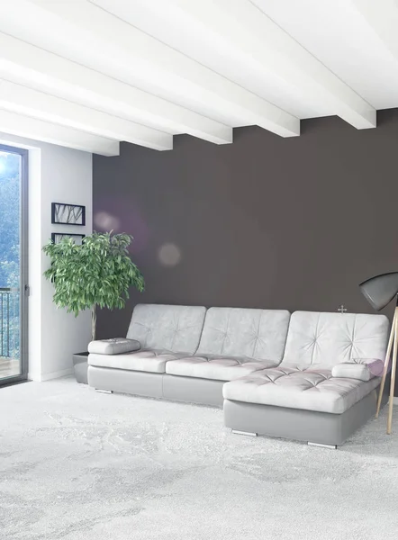 Podkrovní ložnice v moderním stylu interiéru s eklektickou zdi a stylová pohovka. 3D vykreslování. — Stock fotografie