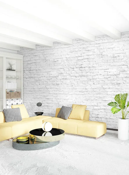 Dormitorio amarillo o sala de estar en estilo moderno Diseño de interiores con pared exudante y muebles elegantes. Renderizado 3D . — Foto de Stock