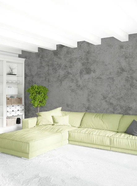 阁楼卧室中的折衷主义墙与时尚沙发现代风格室内设计。3d 渲染. — 图库照片
