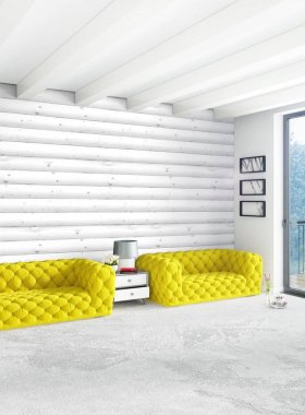 Sarı yatak odası veya oturma odası dekorasyon duvar ve şık mobilya yayan ile modern tarzda. 3D render.