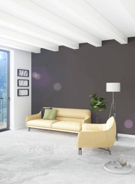 Sarı yatak odası veya oturma odası dekorasyon duvar ve şık mobilya yayan ile modern tarzda. 3D render.