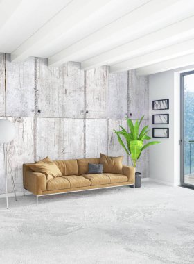 Çatı katı yatak odasında modern tarzı iç tasarım eklektik duvar ve şık kanepe. 3D render.