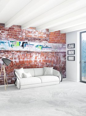 Çatı katı yatak odasında modern tarzı iç tasarım eklektik duvar ve şık kanepe. 3D render.