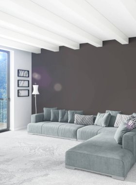 Çatı katı yatak odasında modern tarzı iç tasarım eklektik duvar ve şık kanepe. 3D render.