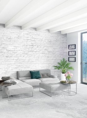 Çatı katı yatak odasında modern tarzı iç tasarım eklektik duvar ve şık kanepe. 3D render.