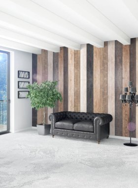 Çatı katı yatak odasında modern tarzı iç tasarım eklektik duvar ve şık kanepe. 3D render.