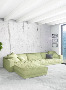 Çatı katı yatak odasında modern tarzı iç tasarım eklektik duvar ve şık kanepe. 3D render.