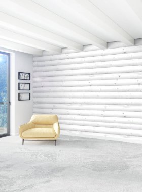 Sarı yatak odası veya oturma odası dekorasyon duvar ve şık mobilya yayan ile modern tarzda. 3D render.