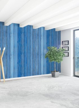 Beyaz boş yatak odası en az stil iç tasarım ahşap duvar ve boşaltmak. 3D render.