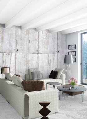 Çatı katı yatak odasında modern tarzı iç tasarım eklektik duvar ve şık kanepe. 3D render.