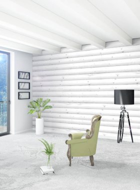 Çatı katı yatak odasında modern tarzı iç tasarım eklektik duvar ve şık kanepe. 3D render.