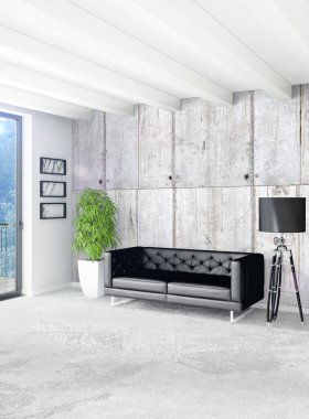 Çatı katı yatak odasında modern tarzı iç tasarım eklektik duvar ve şık kanepe. 3D render.