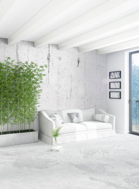 Çatı katı yatak odasında modern tarzı iç tasarım eklektik duvar ve şık kanepe. 3D render.