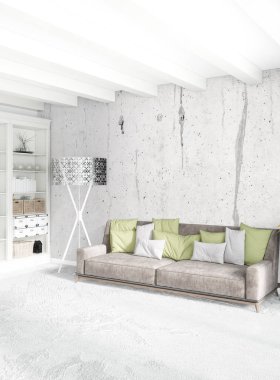 Çatı katı yatak odasında modern tarzı iç tasarım eklektik duvar ve şık kanepe. 3D render.