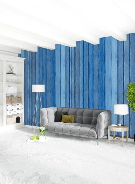 Çatı katı yatak odasında modern tarzı iç tasarım eklektik duvar ve şık kanepe. 3D render.