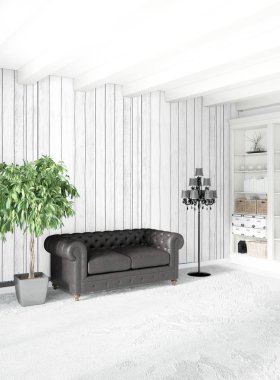 Çatı katı yatak odasında modern tarzı iç tasarım eklektik duvar ve şık kanepe. 3D render.