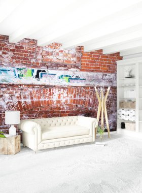 Çatı katı yatak odasında modern tarzı iç tasarım eklektik duvar ve şık kanepe. 3D render.