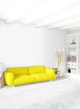 Sarı yatak odası veya oturma odası dekorasyon duvar ve şık mobilya yayan ile modern tarzda. 3D render.