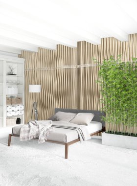 Çatı katı yatak odasında modern tarzı iç tasarım eklektik duvar ve şık kanepe. 3D render.