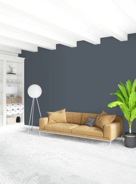 Çatı katı yatak odasında modern tarzı iç tasarım eklektik duvar ve şık kanepe. 3D render.