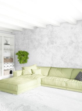 Çatı katı yatak odasında modern tarzı iç tasarım eklektik duvar ve şık kanepe. 3D render.