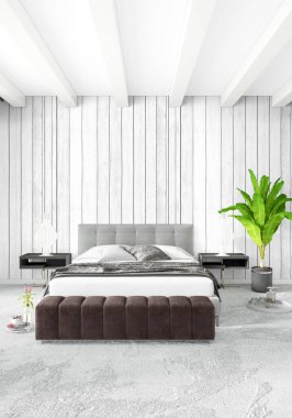 Çatı katı yatak odasında modern tarzı iç tasarım eklektik duvar ve şık kanepe. 3D render.