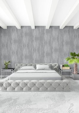 Çatı katı yatak odasında modern tarzı iç tasarım eklektik duvar ve şık kanepe. 3D render.