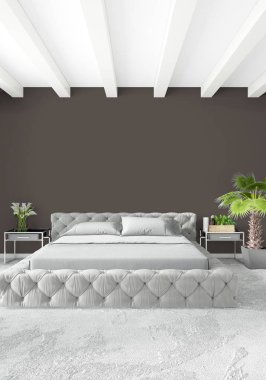 Çatı katı yatak odasında modern tarzı iç tasarım eklektik duvar ve şık kanepe. 3D render.